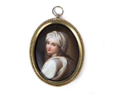 A 19TH CENTURY OVAL PORCELAIN PLAQUE, by Ens &amp; Greiner, Lauschan, painted with a portrait of Beatrice Cenci after Guido R