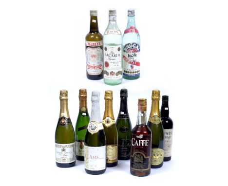 6 BOTTS. (75CL) SPARKLING WINE 1 BOTT. (75CL) BACARDI 1 BOTT. (70CL) AQUAVIT 1 BOTT. (73CL) CAVENDISH VINTAGE 1956 + 2 (11)