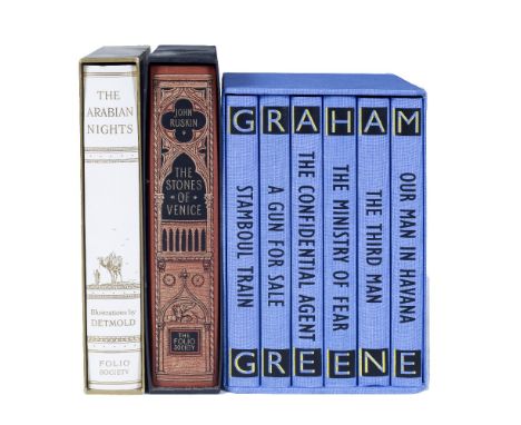 FOLIO SOCIETY: GRAHAM GREENE, The Complete Entertainments, 6 vols. blue cloth. in decorated slip case plus The Arabian Nights