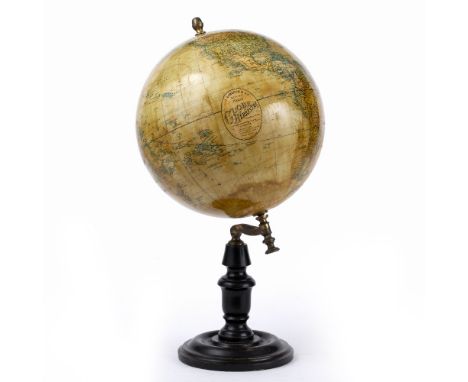 A LATE19TH CENTURY FRENCH 10 INCH TABLE GLOBE by J. Lebegue &amp; Cie, Paris, on turned ebonised stand, 48cm high