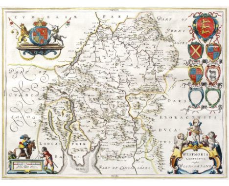 JOHANNES BLAEU Westmorland, engraving, pub. Amsterdam c.1648, the title cartouche adorned with cherubs, also with Coat of Arm