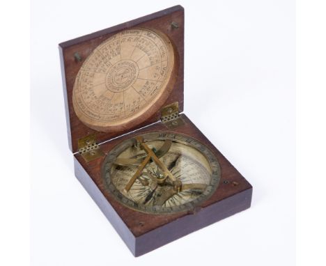 A 19TH CENTURY BRASS POCKET SUNDIAL, with compass by W Watkins, Bristol, in mahogany case, 7.6cm wide