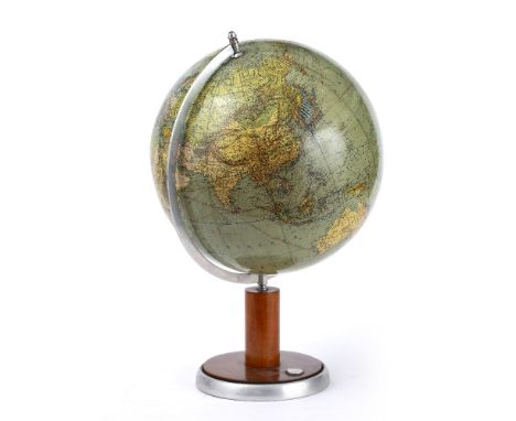 AN ART DECO GERMAN 13 INCH GLOBE by Paul Oestergaard, Berlin, showing zeppelin and flying boat routes, the cherry wood and al
