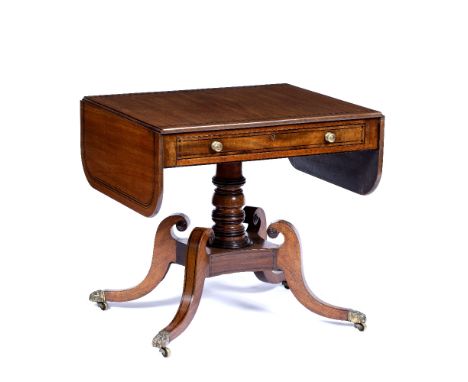 A 19TH CENTURY MAHOGANY AND EBONY STRUNG SOFA TABLE, with single frieze drawer, on central turned column and four down swept 