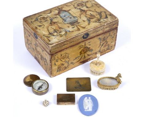 A SMALL COLLECTION OF OBJETS, comprising a Palais Royale gilt metal and mother of pearl small brush, a Wedgwood blue jasper o