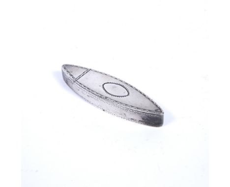 A GEORGE III SILVER SNUFF BOX, of slender navette form, with bright cut decoration, maker's mark only for Samuel Pemberton, c