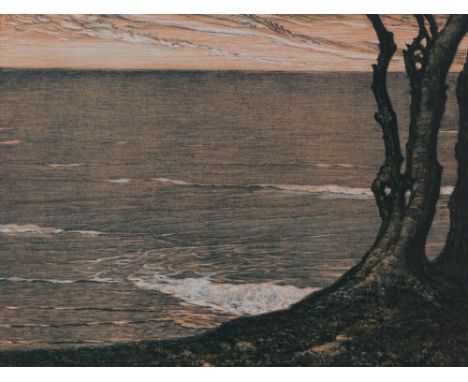 Otto Fischer (1870 - 1947), lithograph, seascape, image 11" x 15", carved wood frame