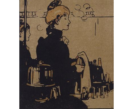 William Nicholson, woodblock print, barmaid, published Heinemann 1898, image size 10" x 8.5", mounted