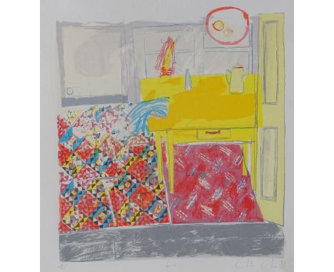 Chloe Cheese, colour lithograph, abstract interior, 1982, signed in pencil, image size 16" x 14", framed