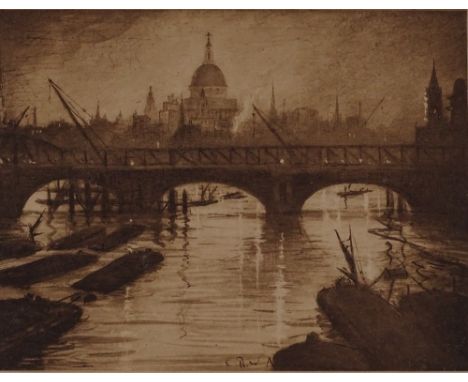 C R W Nevinson, lithograph, Thames scene, signed in pencil, image size 6.5" x 8", framed
