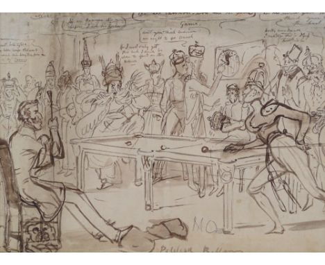 Attributed to Thomas Rowlandson, pen and ink cartoon, a billiards game, 9" x 12", and a billiards reprint (2)