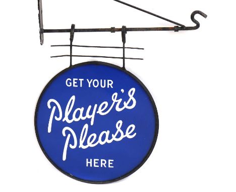 A double sided circular hanging enamel advertising sign, 'Get Your Players Please Here', on iron bracket. 61cm high, 47cm dia