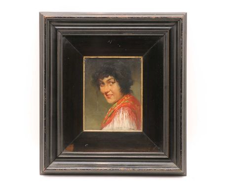 Franz Obermuller (Austrian, 1869-1917)PORTRAIT OF A LADY WEARING A SHAWLsigned l.r., oil on canvas panel, 19.5 x 15cm, framed