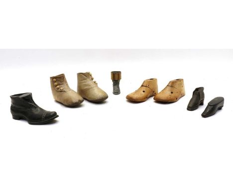 Various shoes including a pair of Victorian cream child's buttoned boots, 12cm long, a pair of wooden lasts for a child's sho
