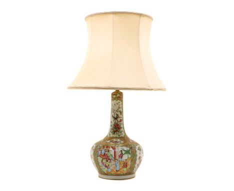 A Cantonese porcelain famille rose table lamp, 19th century, the elongated neck above globular body decoration with naturalis