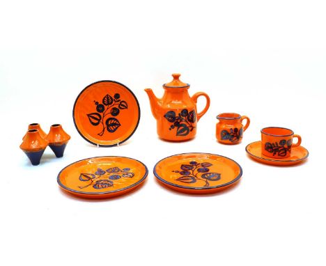 A German pottery 'Tivoli' tea set, 1960s, by Schramberg, comprising a six piece teapot, 19cm high, with milk jug, sugar bowl 