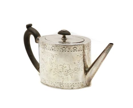 A George III silver teapot, possibly by William Holmes, London 1778, of plain oval form with bright-cut engraved floral garla