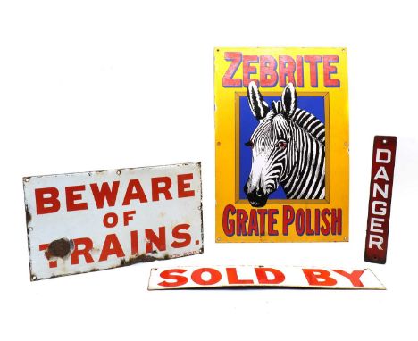 Four enamel advertising signs, the first 'Beware of Trains', by Protector, Eccles, 23cm high, 42cm wide, the second 'Sold By'