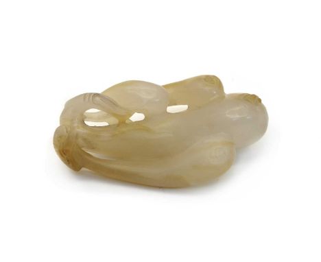 A Chinese jade carving, of a group of gourds, with a lingzhi to the one end, 7cm longCondition report: With natural cracks an