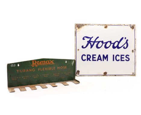 Two enamel advertising items, the first a sign 'Hood's Cream Ices' 45cm high, 53cm wide, the second a tool rack 'Remax Flexib