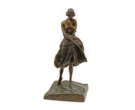 Louis Icart (French, 1888-1950), after, 'L'Occident', bronze, modelled as a young woman wearing a dress, with impressed signa