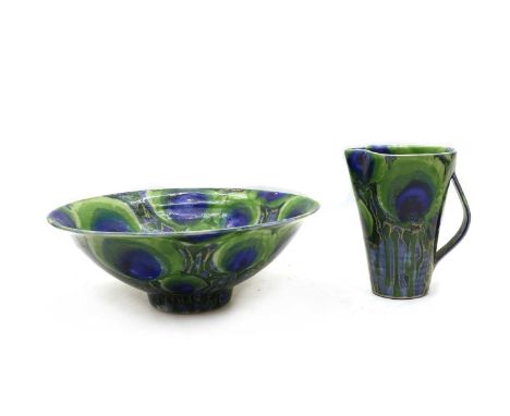 A Dartington stoneware 'Peacock' jug and basin, decorated by Janice Tchalenko, 33.5cm diameter, 19.5cm highCondition report: 