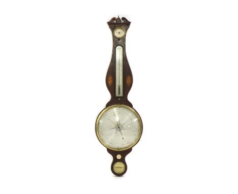 An early 19th century mahogany wheel barometer, by Jas. Gatty, No 132 Holborn, London, with inlaid paterae, 99cm highConditio