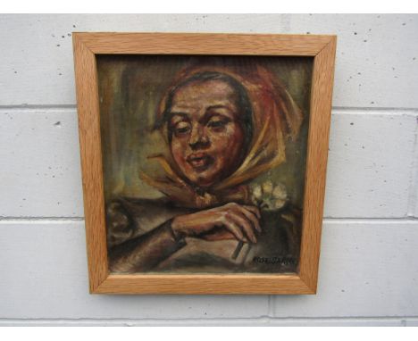 ROSE/ROSA BARON (XX East London School) 'The Flower Seller' - circa mid 1930's oil on canvas. Framed and glazed. Image size 4