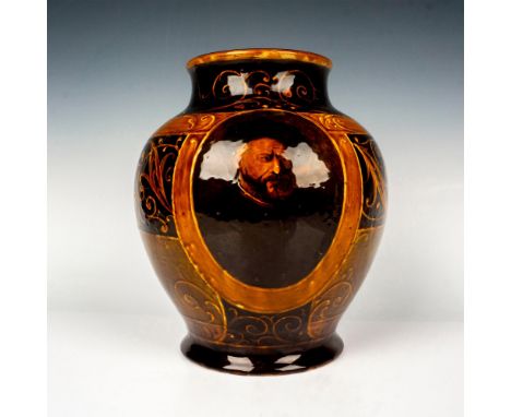 This is an exemplary vase featuring a central portrait stylized pattern. It boasts a large, ovoid body with a deep brown glaz