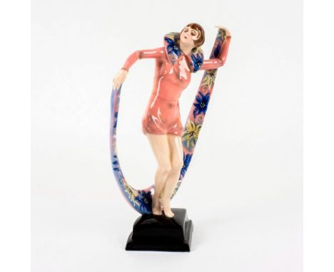 Depicts a beautiful dancer in pink holding a floral patterned veil on a black stylized base. Artist initials.Marked 5570, 192