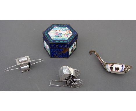 A Chinese Canton enamel box of hexagonal form; together with a Chinese Canton enamel spoon; a Chinese miniature rickshaw by W