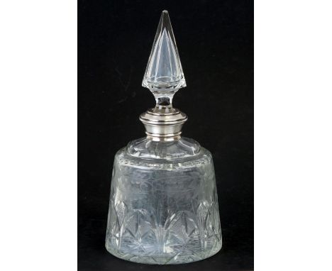 A 925 silver collared cut glass decanter, 29cms high.