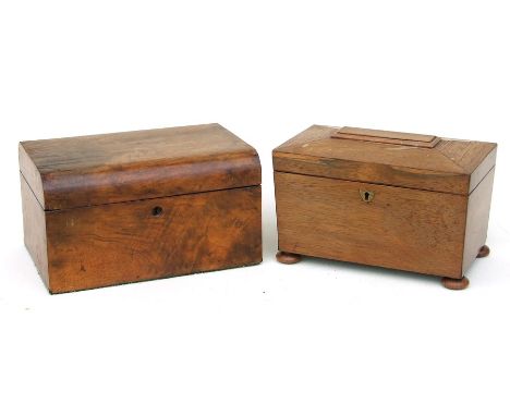 A 19th century rosewood tea caddy of sarcophagus form, 25cms wide; together with a walnut dome topped stationery box, 28cms w