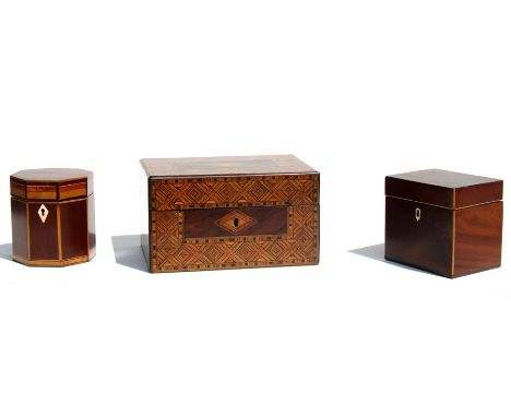 A Victorian mahogany box, the lid decorated with Tunbridgeware specimen wood geometric decoration, 25cms wide; together with 