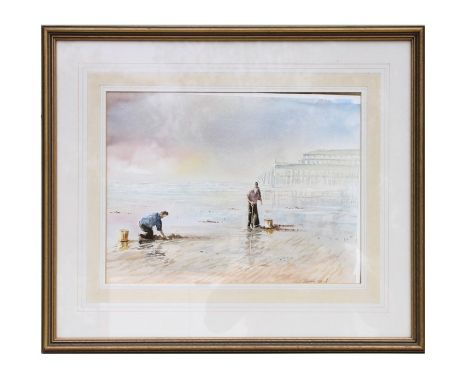 Bob Erends (modern British) - Seascape with Cockle Pickers on the Foreshore - watercolour, signed lower right, framed &amp; g