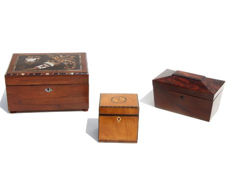 A 19th century mahogany box, the lid with penwork and mother of pearl decoration, 28cms wide; together with a mahogany tea ca