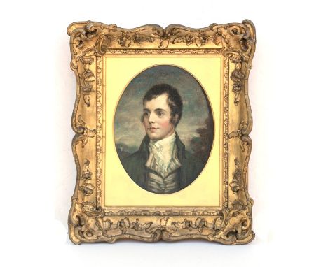 An antique oval portrait depicting a young Rabbie Burns, oil on board, framed, 15 by 19.5cms.
