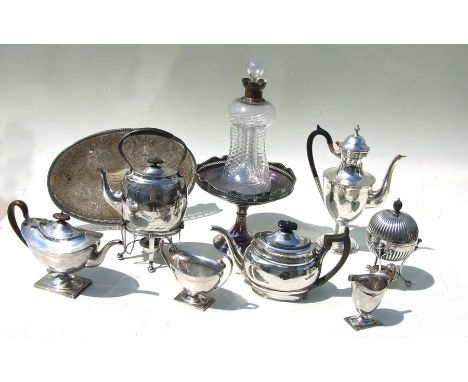 A Victorian glass decanter with hallmarked silver collar (a/f); together with an Old Sheffield Plate teapot; a silver tazza; 