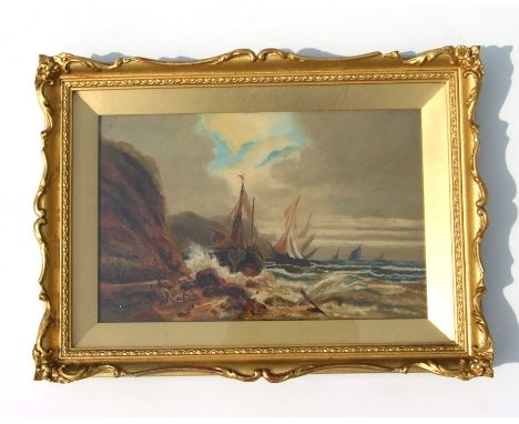N Hunt (Victorian school) - ~Seascape with Fishing Vessel on the Rocks - signed &amp; dated 1894 lower left, oil on board, fr