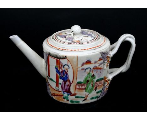 A Chinese famille rose teapot of cylindrical form decorated with ladies on a terrace, 12cms (4.75ins) high.Condition ReportGo