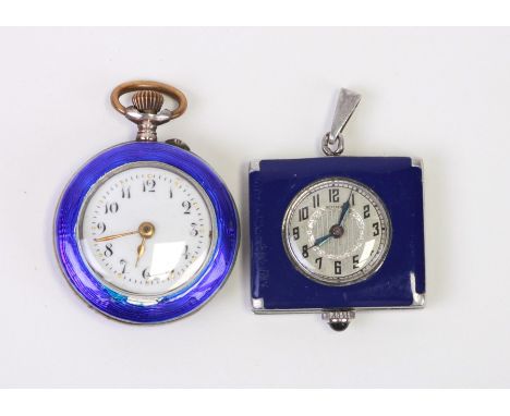 Two continental silver and enamel ladies fob watches, on a rectangular example (2).