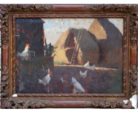 Frank Barrington Craig (Barry Craig 1902-1951) - Chickens in a Farmyard - oil on board, part gallery label to verso, framed, 