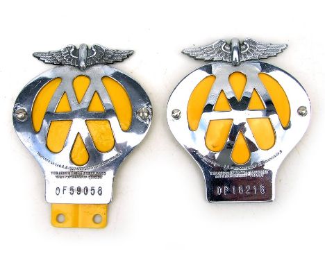 Two Automobile Associations (AA) 1945 / 1967 issue members badges on display stands (2).