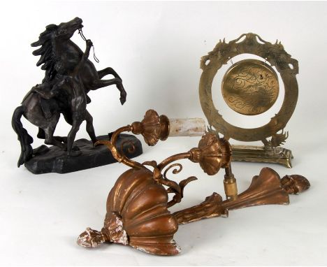 A Chinese brass table gong; together with a spelter Marley horse and a twin-arm wall light.