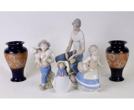 A group of Spanish Rex of Valencia porcelain figures, the wood cutter, young boy with a lamb and a young girl holding a baske