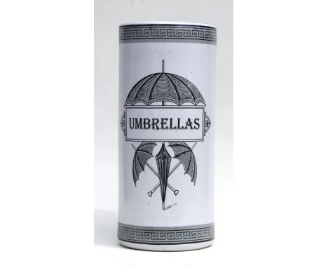 A ceramic cylindrical umbrella stand with printed decoration depicting an umbrella, 46cms high.