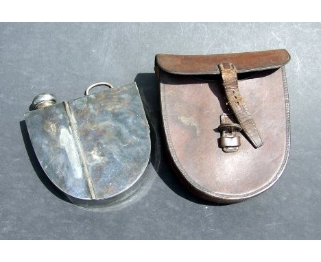 Hunting &amp; sporting interest.  A Walker &amp; Hall Duo sandwich and flask tin in a leather case, 15cms wide.