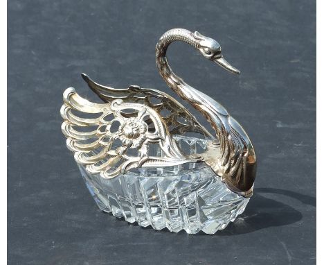 A silver swan and cut glass trinket box, stamped 925 with London import mark, 10cms high.