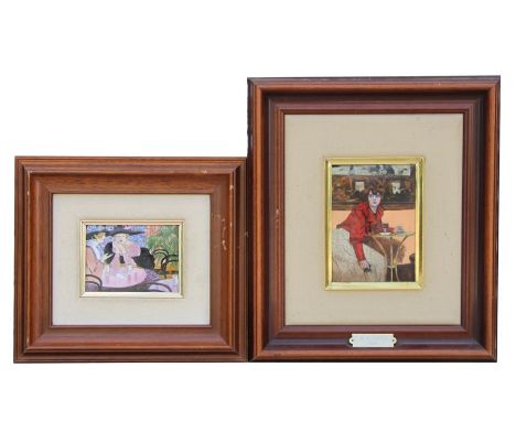 R Casas - a Limoges portrait panel depicting a lady seated at a bistro table, framed, 12 by 17cms; together with another simi