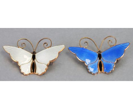 Two David Andersen Norwegian sterling silver and guilloche enamel butterfly brooches, each 4.5cms wide (2).